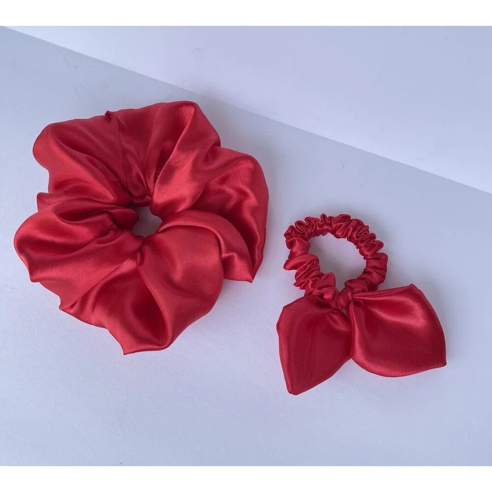 2 New Satin Scrunchie Hair Tie Red